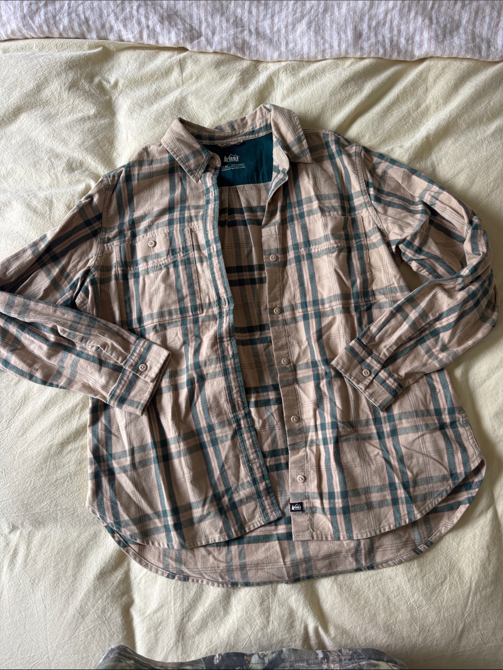 REI Beige and Green Plaid Button-Up Shirt